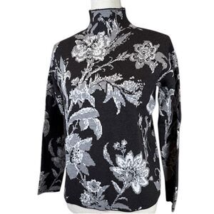Cynthia Rowley Mock Neck Sweater Black Gray Floral Print Oversized XS